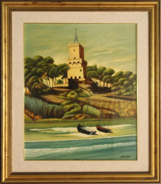 Torre di avvistamento sul mare, olio su tela, cm, 49x58 XX sec, entro cornice