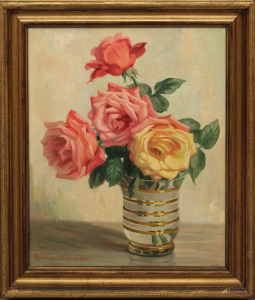 Arturo Barazzutti - Natura morta con vaso e rose, olio su tela, cm 50x40, datato 1970, entro cornice.
