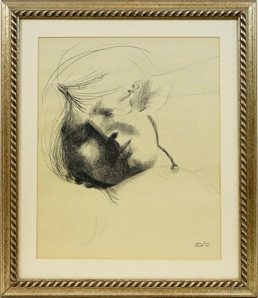 Emilio Greco - Volto di donna, multiplo su carta, cm 50x41, 1970, entro cornice