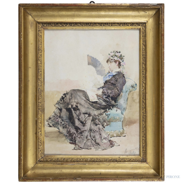 Donna con ventaglio, acquerello su carta, firmato, cm 40x30, entro cornice