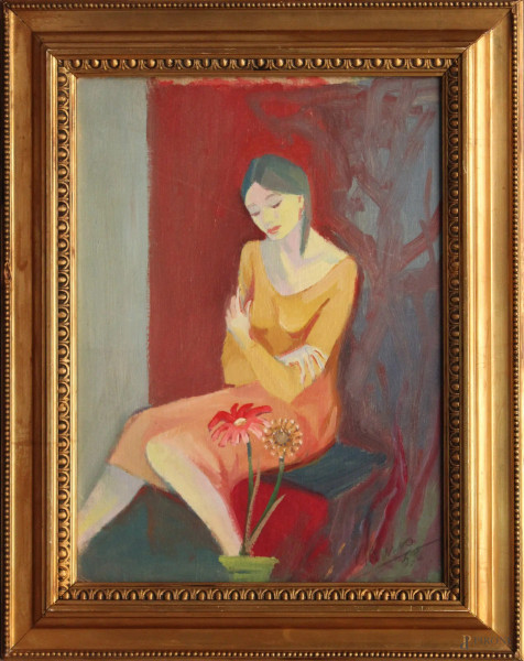 Mario Russo - Donna con fiori, olio su cartone, cm 40 x 30, datato 1959, entro cornice.