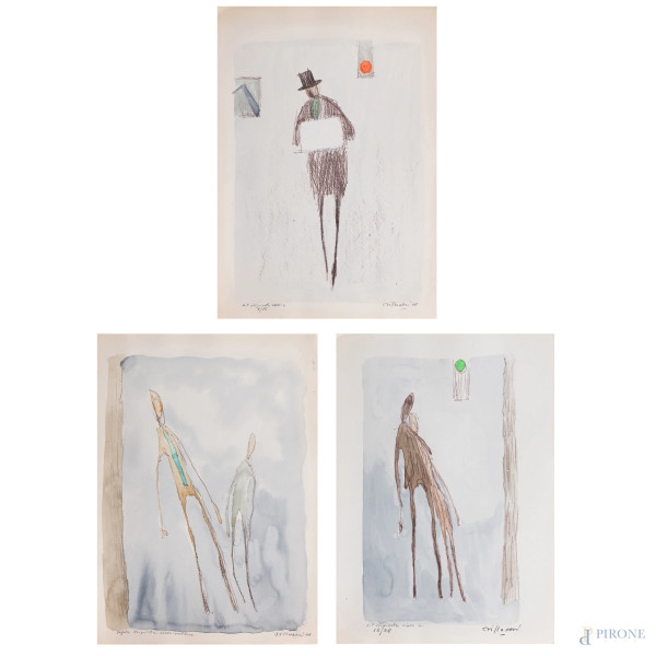 Lotto di tre litografie di diverso soggetto e tiratura, cm 50x36, firmate, (segni di usura, bruniture, tracce di umidità, ondulazioni, strappi)