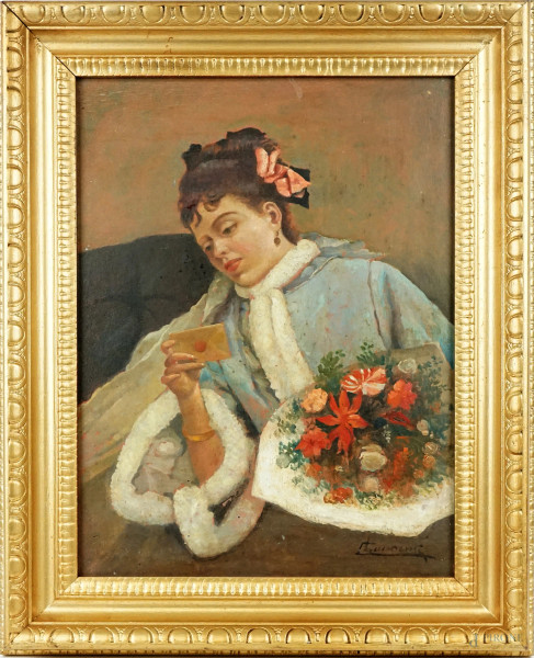 Donna con bouquet di fiori e lettera, olio su cartone, cm 40x30, firmato, entro cornice.