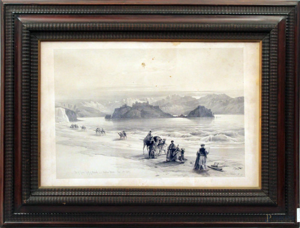 David Roberts, Isola di Graie con carovana araba, stampa del 1844, cm 40x60, entro cornice.