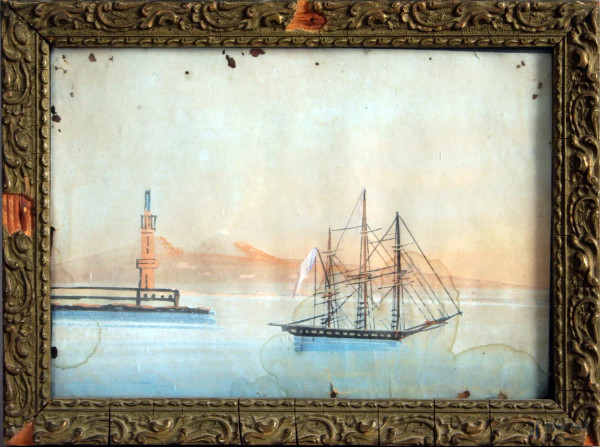 Scorcio marino con veliero, gouache su carta, cm. 13x18, XIX secolo, entro cornice, (difetti).