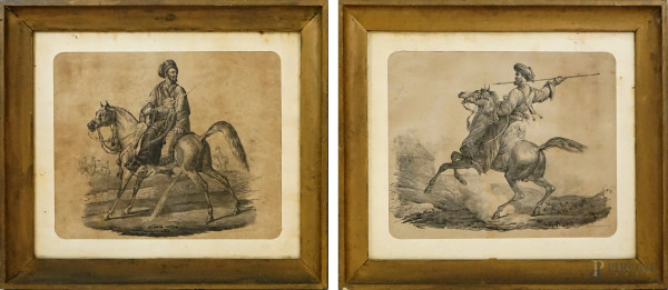 Coppia di litografie raffiguranti cavalieri saraceni, cm 40x51 circa, Litografia militare Napoli, 1830, entro cornici, (macchie sulla carta).