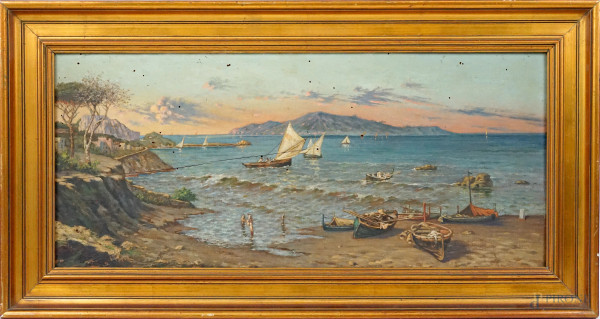 Veduta del Golfo di Napoli con pescatori, olio su tavola, cm 28x64, firmato F.Gatti, entro cornice.