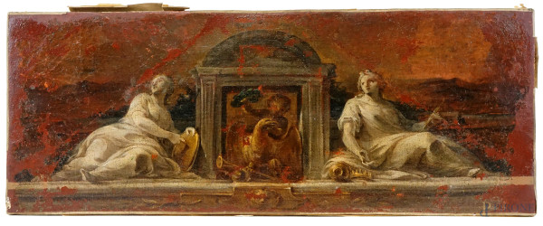 Pittore veneto, XVIII secolo, Fregio con putto e statue, olio su tela, cm 22x57