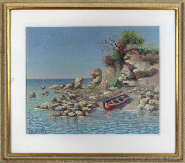 Scorcio di costa con barca, pastello su cartoncino, cm 37,5x46, firmato Baruffi, entro cornice