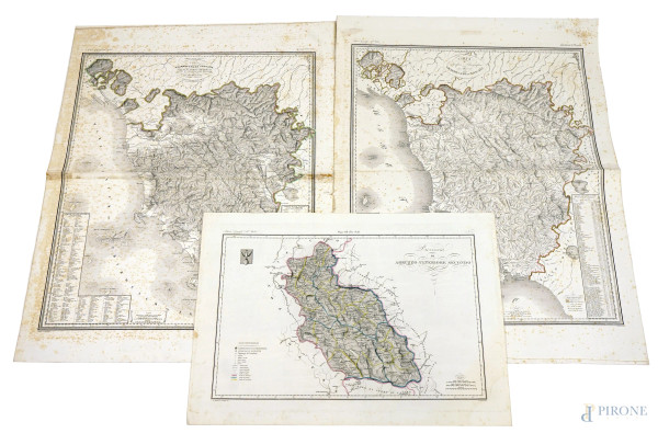 Lotto composto da 3 cartine geografiche raffiguranti il Gran Ducato di Toscana e l'Abruzzo, XIX secolo, misure max cm 84x61, (difetti sulla carta)