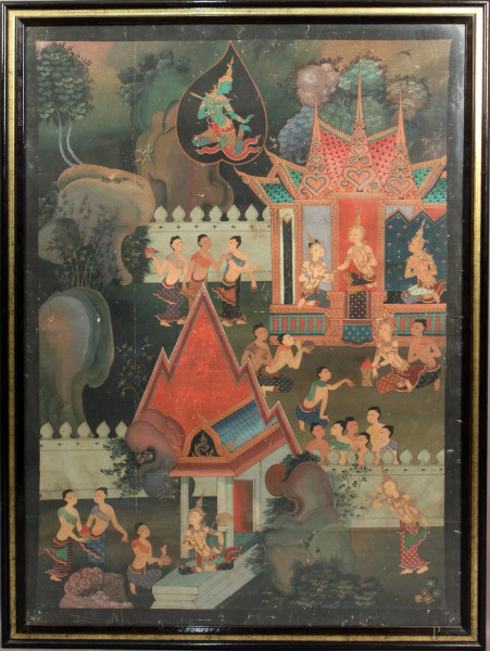 Pannello raffigurante scene di corte, tempera su carta , cm. 109x78, India XIX sec, entro cornice.