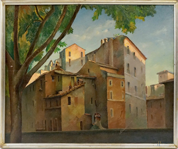 Verso Santa Maria in Cosmedin prima di abbatere, olio su cartone, cm 48x59, firmato Alberto Carosi, entro cornice