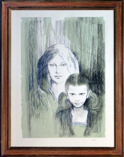 Alberto Sughi - Madre con bambina, prova d&#39;autore, cm 80 x 60, entro cornice.