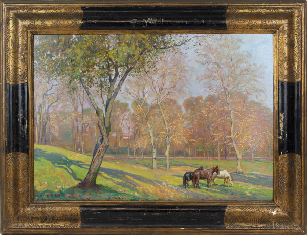 Raniero Aureli - Parco con cavalli, olio su cartone, cm 34x49,5, entro cornice.