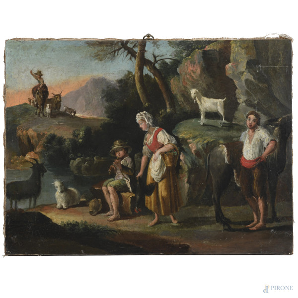 Scena bucolica con personaggi e armenti, XIX secolo, olio su tela, cm 41x55, (segni di usura, abrasioni, sollevamenti di colore, craquelure, difetti)