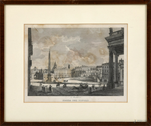 Lotto di cinque stampe con luoghi di Roma e una con scorcio di Napoli, misure massime cm 28x34 compreso passepartout entro cornice, XIX-XX secolo(difetti)
