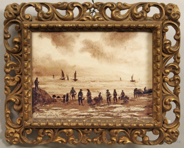Scorcio di spiaggia con pescatori, acquarello su carta 18x24 cm, entro cornice firmato Felice Curti