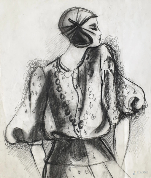 Figura femminile, anni 30, disegno a carboncino su carta, cm 30x35