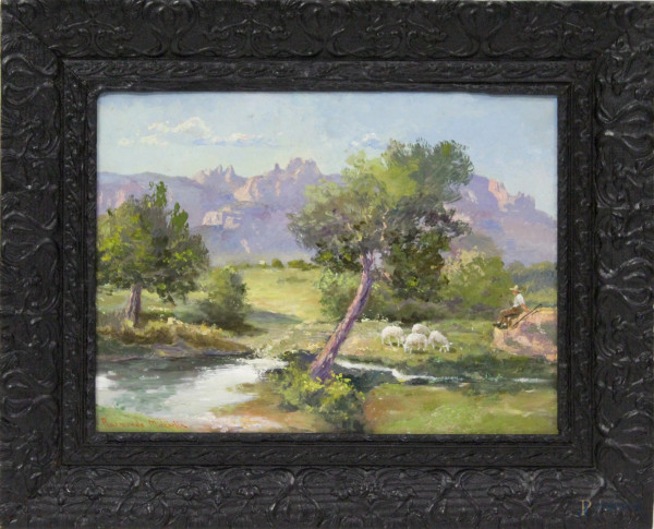 Raimondo Mirabella - Paesaggio campestre, olio su tavola, cm 28 x 39, entro cornice.