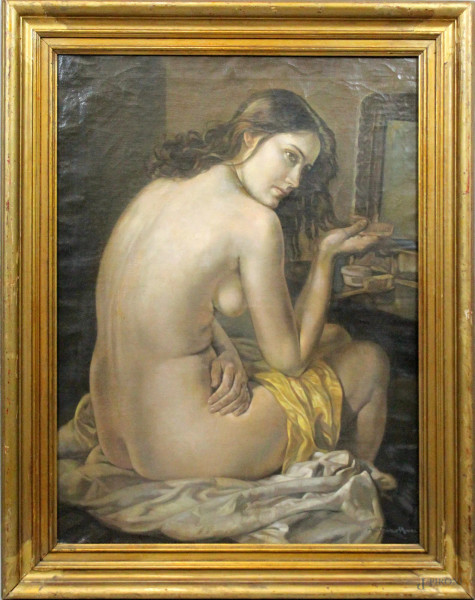 Nudo di donna, olio su tela, cm. 81x60,, firmato, entro cornice.
