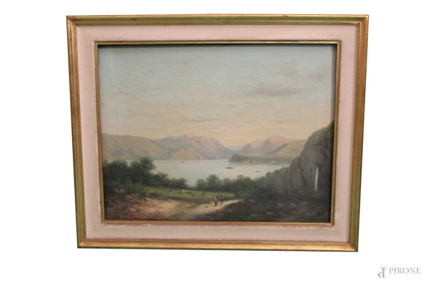 Giuseppe Casanova - Paesaggio lacustre, olio su tela, 65x50 cm, entro cornice.
