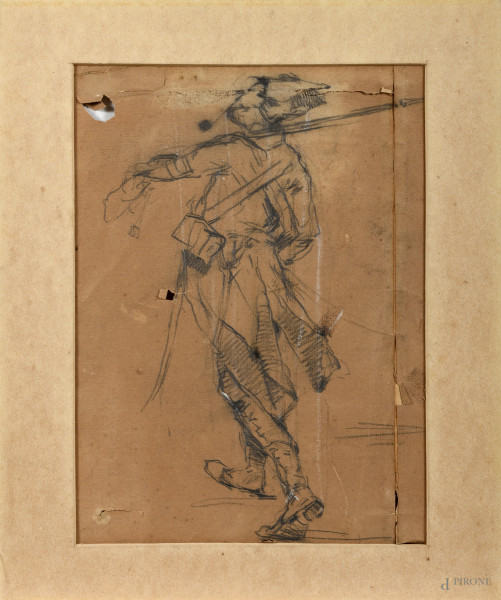 Disegno a grafite su carta raffigurante saldato, XIX secolo, cm 32x26,5 compreso supporto, (segni di usura, lacerazioni, mancanze, fori, tracce di umidità, ossidazione, carta applicata su passepartout in cartoncino)
