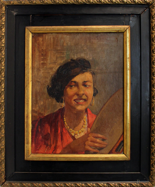 Donna con  tamburello, olio su tavola, cm 51x39, inizi XX sec., entro cornice.