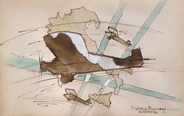 Aeropittore del Novecento, Aerei in volo sull’Italia, inchiostro bruno e tempera su carta, cm 14x22, firmato Cosimo Buccari Futurista