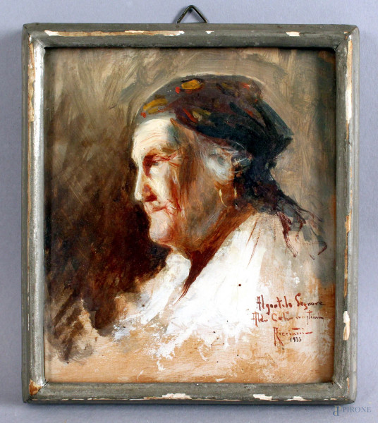 Oscar  Ricciardi - Ritratto d&#39;anziana, olio su tavola, cm. 15x13, entro cornice.