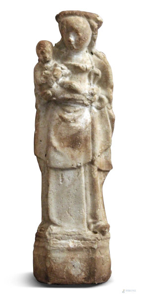 Madonna con bambino, antica scultura in pietra, H 26 cm.