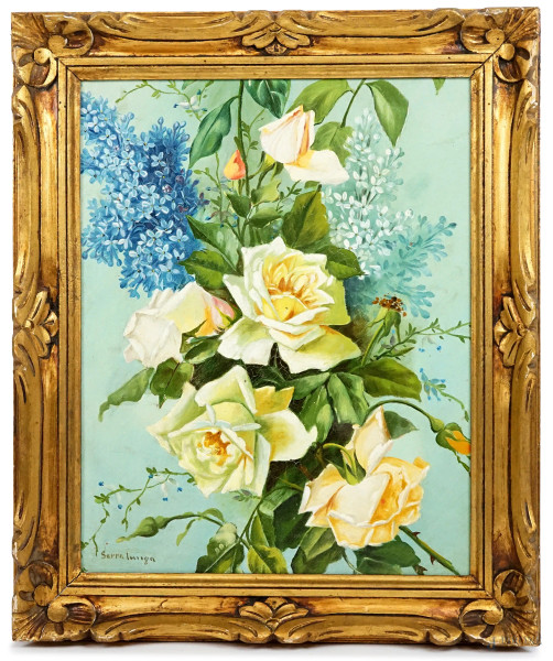 Bouquet di rose, olio su cartone, cm 45x36, firmato, entro cornice.