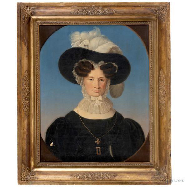 Ritratto di nobildonna con cappello, XIX secolo, olio su tela, cm 50,5x40,5, entro cornice, (cadute di colore)