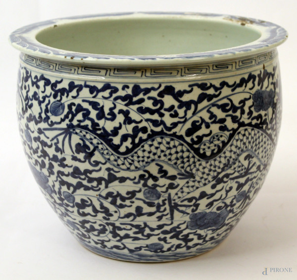 Antico cachepot in porcellana a tutto decoro floreale, h. 23 cm