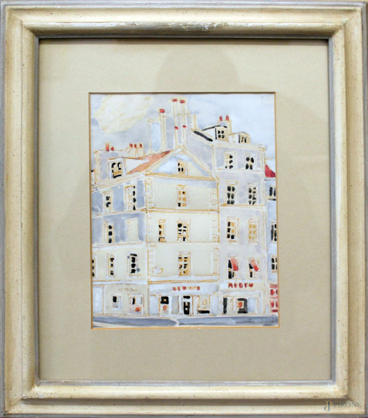 Orfeo Tamburi - Parigi, acquarello su carta, 20x25 cm, entro cornice con autentica