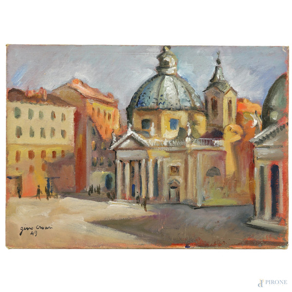 Gino Coari (1905-2005) Santa Maria in Montesanto (Roma), olio su tela applicata su cartone, cm 25,5x34,5, firmato e datato "49" in basso a sinistra, (difetti)