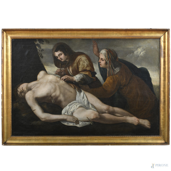 Scuola dell'Italia settentrionale, XVII secolo, Deposizione di San Sebastiano, olio su tela, cm 130x190, entro cornice del XIX secolo
