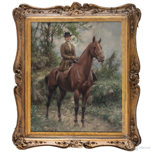 Ritratto di signora a cavallo, XX secolo, olio su tela, cm 80x70, entro cornice, (lieve craquelure)