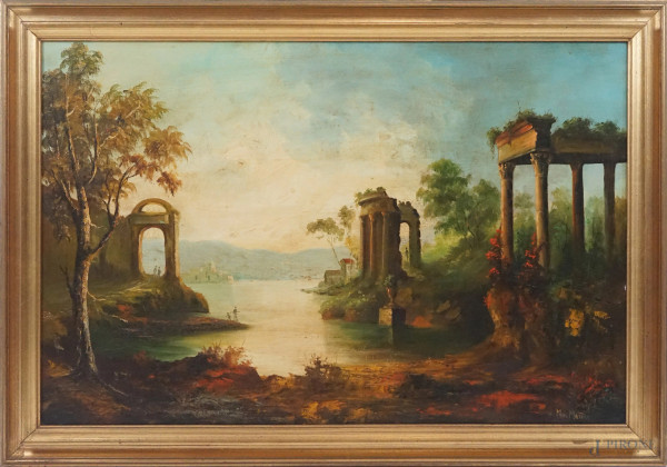 Capriccio con lago e rovine, olio su tela, cm 64x101, firmato, entro cornice.