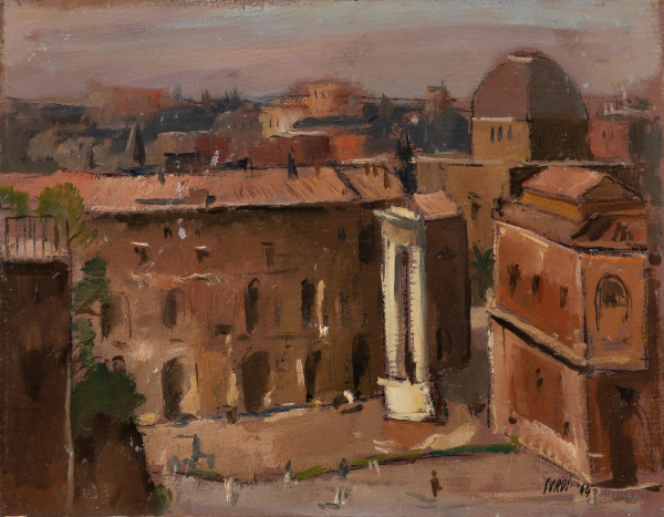 Luigi Surdi (1897-1959), Veduta del tempio di Apollo Sosiano, olio su cartone, cm 35x45, firmato e datato 