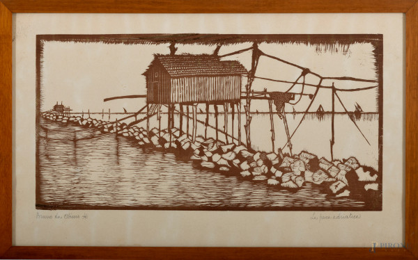 Bruno da Osimo (1888-1962), La pesca adriatica, xilografia, cm 35x58,5, firmata e titolata, entro cornice, (difetti)