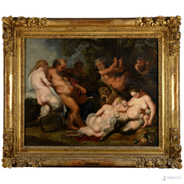 Baccanale da Peter Paul Rubens, XIX secolo, olio su tela, cm 85x106, entro cornice, (segni di usura, lieve craquelure)