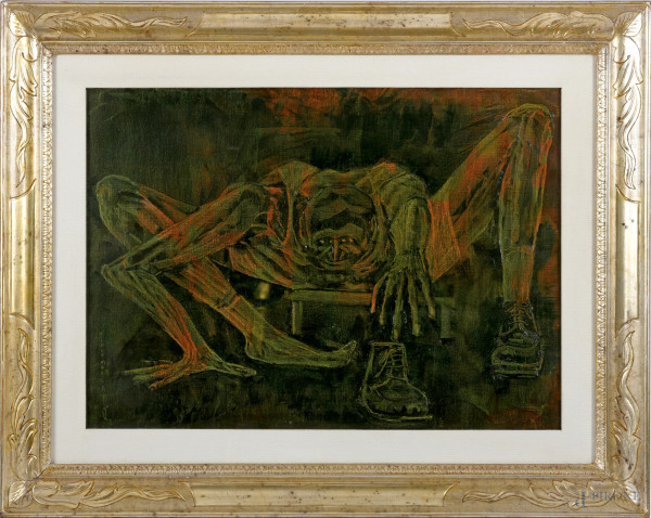 Scipio Moscato (XX), La scarpa, tempera su tela, cm 59x68 entro cornice, (difetti)