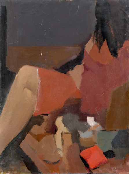 Edoardo Krumm (1916-1993), Donna in rosso, tecnica mista su tela, cm 80x60, firmato al retro
