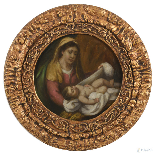 Madonna con Bambino dormiente, XX secolo, olio su tela a serto circolare, diametro cm 30, entro cornice, (lievi segni di usura, abrasioni)