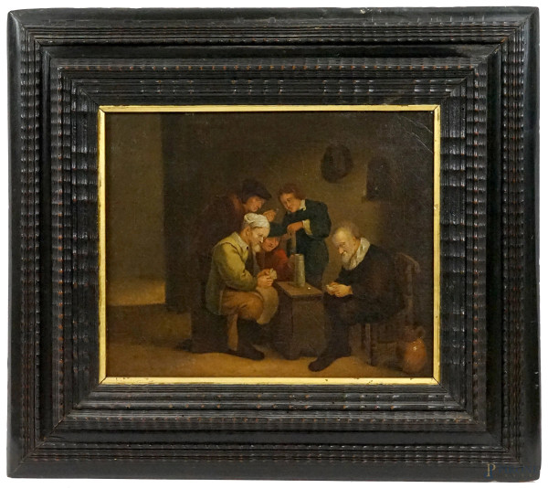 Scuola fiamminga del XVII secolo, Giocatori di carte, olio su tela, cm 28x34, entro cornice.