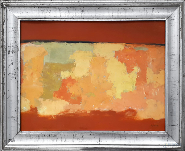 Astrattista del Novecento, Composizione astratta in rosso e arancio, anni 60, acrilici su cartone, cm 40x52, firmato in basso a destra