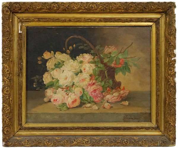 Cesta di rose, olio su tela, cm 50x65, firmato Francisque Durand, in cornice.