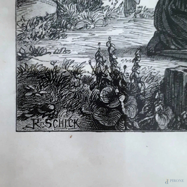 Antica incisione ottocentesca raffigurante scena rurale con veduta di Orvieto, cm 45x35, con corn...