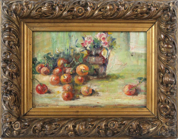 Natura morta-vaso con fiori e arance, olio su compensato, cm 19x27, firmato, entro cornice