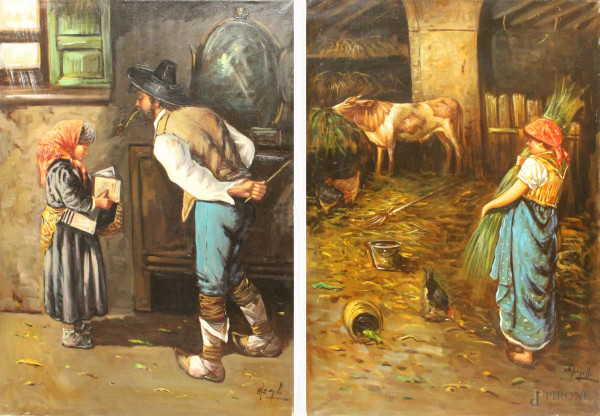 Lotto di due dipinti ad olio su tela raffiguranti soggetti diversi cm 70x50, firmati.